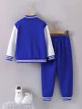 Toddler Boys' Letter Print Striped Baseball Jacket And Sweatpants 2pcs Outfits
