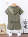 Baby Boy Casual Hooded Half-Zip Tops And Shorts Set, Outdoor Style