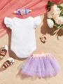 SHEIN Baby Girls' Casual, Elegant, Romantic, Gorgeous, Cute & Fun Easter Pattern Printed Top And Tulle Skirt With Headband Easter Outfit For Spring And Summer