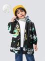 JNSQ Young Boy Letter Graphic Contrast Fuzzy Hooded Thermal Lined Coat
