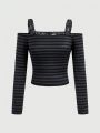 ROMWE Goth Striped Long Sleeve Top With Lace Shoulder Straps And Off-shoulder Design
