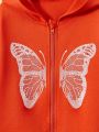 SHEIN Kids EVRYDAY Tween Girl Butterfly Print Zip Up Hoodie