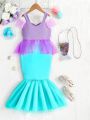 Young Girl's Mermaid Scale Costume Sequin Mesh Jewel Embellished Bodysuit Dress For Cosplay/ Festival/ Party