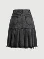 ROMWE Grunge Punk Solid Flap Pocket Raw Edge Pleated Denim Skirt