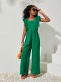 SHEIN Kids Cooltwn Tween Girl's Everyday Casual Solid Color Woven Jumpsuit With Ruffle Trim