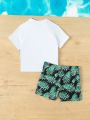 Baby Boys' 2pcs/Set Summer Letter Print Round Neck T-Shirt And Plant Print Shorts