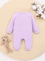 SHEIN Newborn Baby Girls' Casual Bear Embroidery Tie-Front Footed Romper Jumpsuit For Home Wear