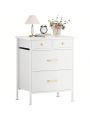 GINRGINR White Nightstand with Different Size Drawer, Bedside Table with 4 Fabric Drawers of Faux Leather, Modern Night Stand End Table for Bedroom, White, 13.7