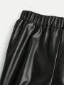 SHEIN Teen Girls' Pleated Pu Leather Casual Long Pants