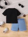 Baby Boys' Simple Bear Embroidery T-Shirt And Denim Shorts Summer Set