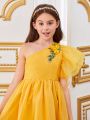 SHEIN Kids Nujoom Tween Girls' Joint Leisure One Shoulder Cascading Ruffle Sleeve 3d Flower Decor Mid-Calf Dress