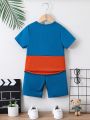 Toddler Boys' Casual Color-Block Knitted Short Sleeve T-Shirt And Shorts Set For Summer