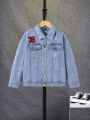 Tween Boy Letter Patched Ripped Denim Jacket Without Tee
