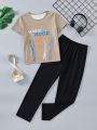 Boys' Letter Print Short Sleeve T-Shirt And Long Pants Set For Autumn And Winter, Home Clothes