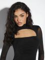SHEIN BAE Black Mesh Hollow Out Stand Collar Long Sleeve Backless Sexy Bodycon Mini Dress