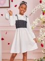SHEIN Kids Y2Kool Tween Girls' Casual Heart Print Shirt Dress With Color Block Splicing