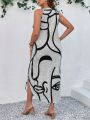 SHEIN LUNE Plus Size Women's Face & Line Pattern Sleeveless Dress