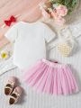 SHEIN Baby Girls' Casual And Lovely Romantic Letter Pattern Outfit, Great For Valentine'S Day