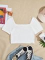 Teenage Girls' Square Neck Short Sleeve Pleated Fitted T-Shirt