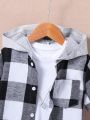 Toddler Boys' Casual Plaid Hooded Button-Up Short Sleeve Shirt For Spring/Summer