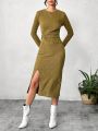 SHEIN Essnce Women's Knitted Long Sleeve Split Hem Dress