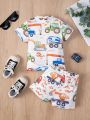 Baby Boys' Cute Car Printed Short Sleeve T-Shirt And Shorts Set, Spring And Summer