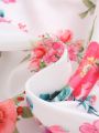 SHEIN Baby Girls' Cute Flower Pattern Color Block Short Sleeve One-Piece Swimsuit