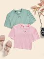 SHEIN 2pcs/Set Teen Girls' Knitted Love Heart Hollow Out Solid Color Short Sleeve T-Shirt