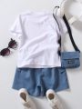 SHEIN Little Boys' Solid Color Top And Cargo Shorts Workwear Set