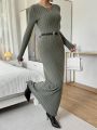 SHEIN Essnce Women's Solid Color Round Neck Long Sleeve Ribbed Knit Dress