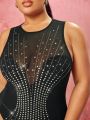 SHEIN BAE Plus Size Women's Sexy Patterened Rhinestone Embellished Sleeveless Black Bodysuit