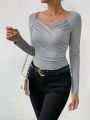 Daily&Casual Women's Solid Color Wrap Slim Fit Sports T-shirt