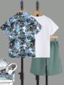 SHEIN Kids SPRTY 3pcs/Set Tween Boys' Tropical Print Short Sleeve Shirt, Round Neck T-Shirt And Shorts Outfit
