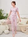 SHEIN Teenage Girls' Knitted Solid Color Heart & English Letter Patterned Tight-Fitting Homewear Set With T-Shirt And Pants