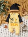Baby Boy'S 2024 New Year Jumpsuit, Printing Circle Neck, Color Collision, Simple And Casual Fashion, Autumn And Winter