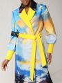 Fannie c Shako Women'S Scenery Print Belted Double Breasted Wool Coat