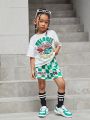 SHEIN Kids Cooltwn Young Girl's Cool Street Style Car & Letter Print Short Sleeve Top And Shorts Set For Spring And Summer