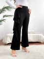 SHEIN Privé Plus Size High Waisted Flared Pants With Ruffle Hem Decoration