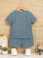 SHEIN Baby Boy's Casual Letter Patchwork Short Sleeve T-Shirt And Shorts Set