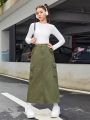 SHEIN Teen Girls' Casual Denim Workwear Pocket A-Line Skirt