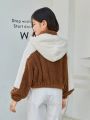 SHEIN Kids EVRYDAY Big Girls' Knitted Color Contrast Plush Shorts Stand Collar Zip-up Casual Jacket