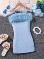 SHEIN Kids Cooltwn Young Girl Feathered Spaghetti Strap Dress