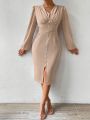 SHEIN Privé Women's V-neck Bubble Sleeve High Slit Maxi Dress