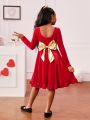SHEIN Kids Cooltwn Girls' Glitter Street Style Solid Color Big Round Neck Long Sleeve Dress With Bowknot