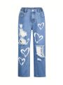 Girls' Cool Street Style Mid-washed Loose Straight Leg Jeans With Heart Pattern Printed And Big Ripped Holes