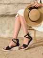 Styleloop Women'S Lace Wedge Heel Espadrilles Platform Shoes With Tie Up Straps And Thick Bottom,, Bohemian Style Wedge-Heeled Platform Shoes For Spring And Summer Vacations