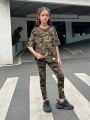 Tween Girls' Sporty Street Camo Patterned Tee With Letter Badge Decoration And Drop-Shoulder Sleeves, Casual Pants Set For Summer
