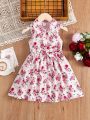 SHEIN Kids CHARMNG Little Girls' Sleeveless Floral Patterned A-line Dress With Peter Pan Collar And Button Front