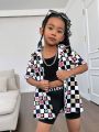 SHEIN Kids Cooltwn Little Girls' Fashionable Flower & Checker Print Loose Short Sleeve Blouse