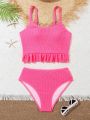 Teen Girls' Solid Color Ruched Fabric Halter Neck Bikini Set